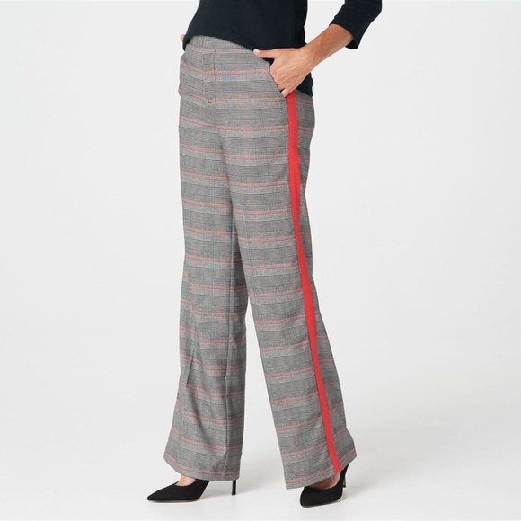 NWT G.I.L.I.  PETITE WIDE LEG PLAID PANTS BLACK/RED STRIPE - Size 12P - Picture 1 of 4